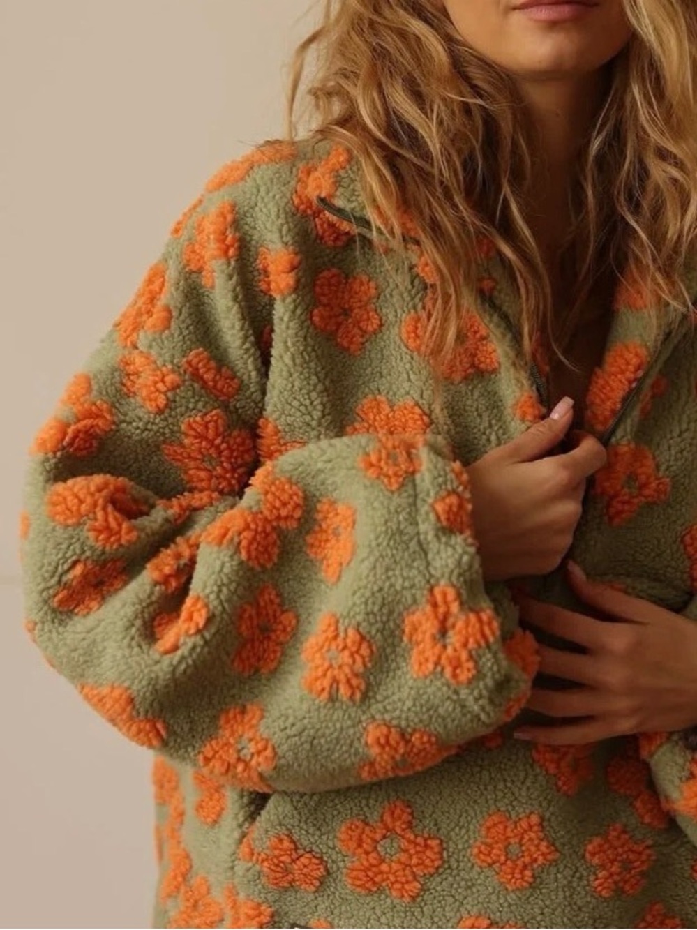 Sherpa Half-Zip Pullover Fleece - Orange Flowers on Green NWOT